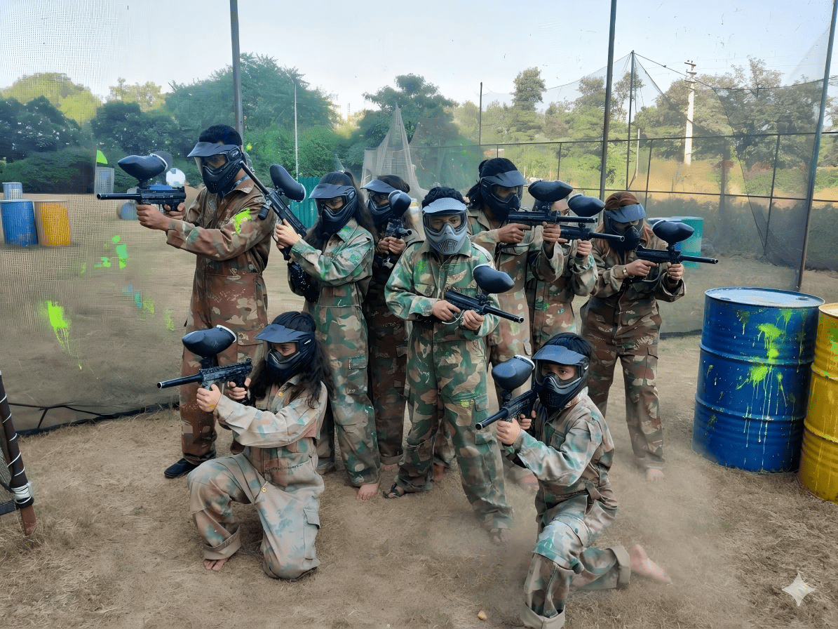 corporate team playing paintball in outdoor field